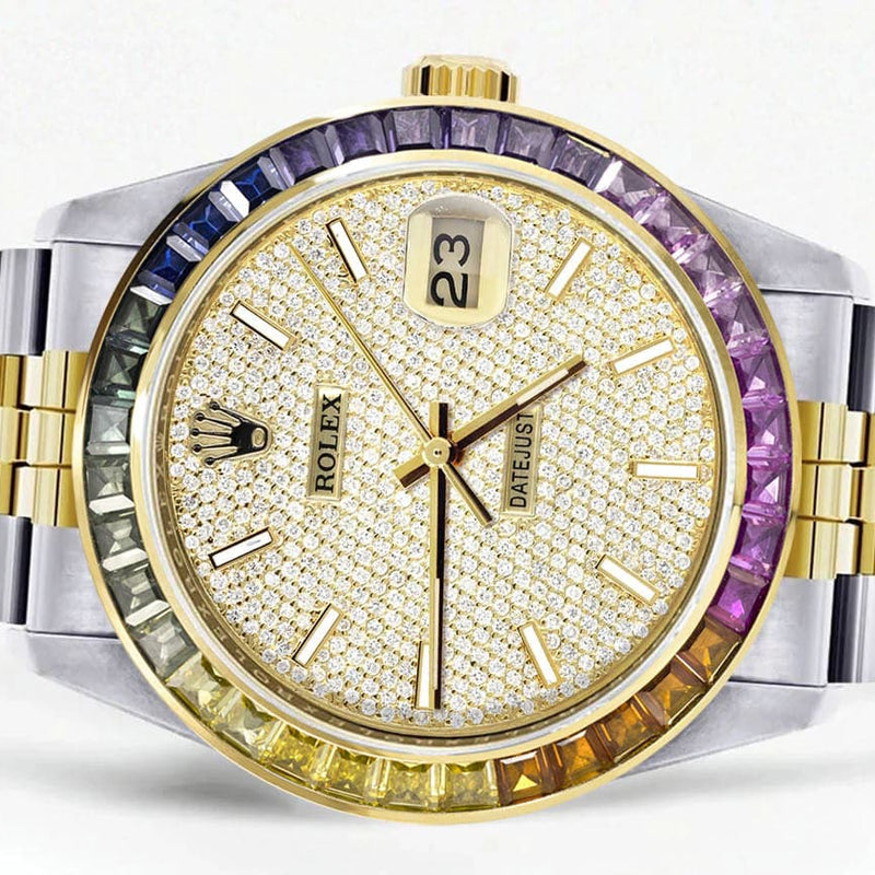 Diamond Gold Rolex Watch For Men 16233 | 36Mm | Rainbow Sapphire Bezel | Full Diamond Dial | Jubilee Band