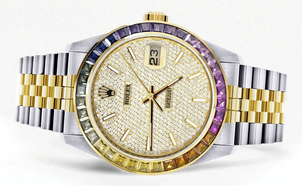 Diamond Gold Rolex Watch For Men 16233 | 36Mm | Rainbow Sapphire Bezel | Full Diamond Dial | Jubilee Band