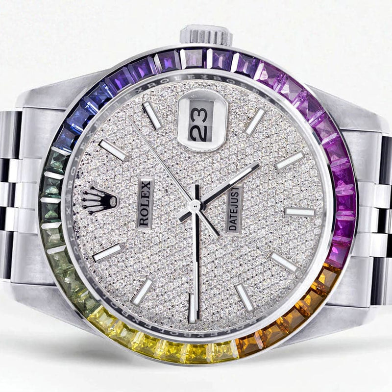 Diamond Gold Rolex Watch For Men 16200 | 36Mm | Rainbow Sapphire Bezel | Iced Out Diamond Dial | Jubilee Band