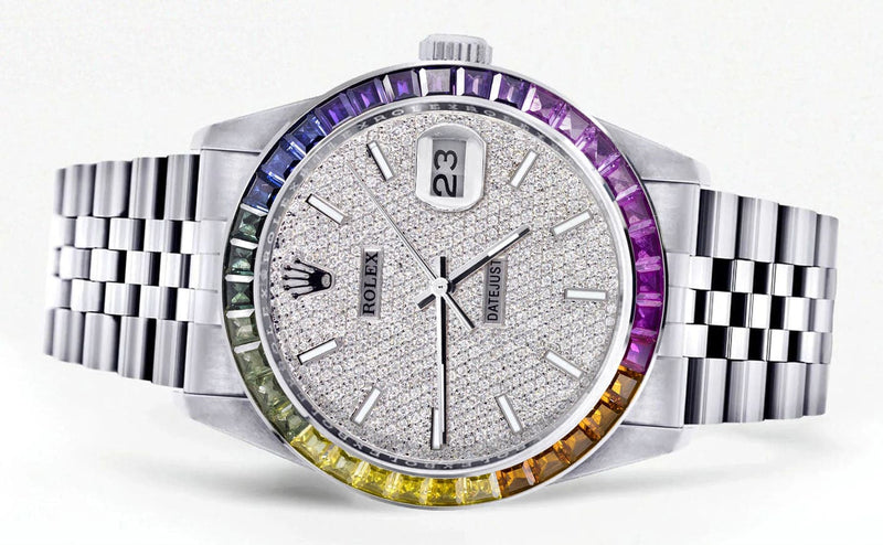 Diamond Gold Rolex Watch For Men 16200 | 36Mm | Rainbow Sapphire Bezel | Iced Out Diamond Dial | Jubilee Band