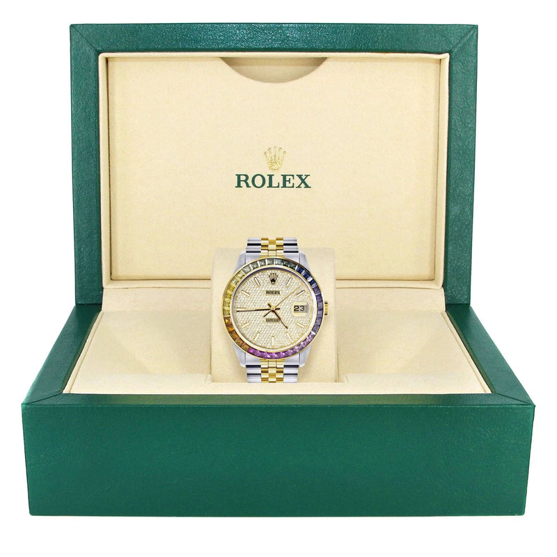 Diamond Gold Rolex Watch For Men 16233 | 36Mm | Rainbow Sapphire Bezel | Full Diamond Dial | Jubilee Band