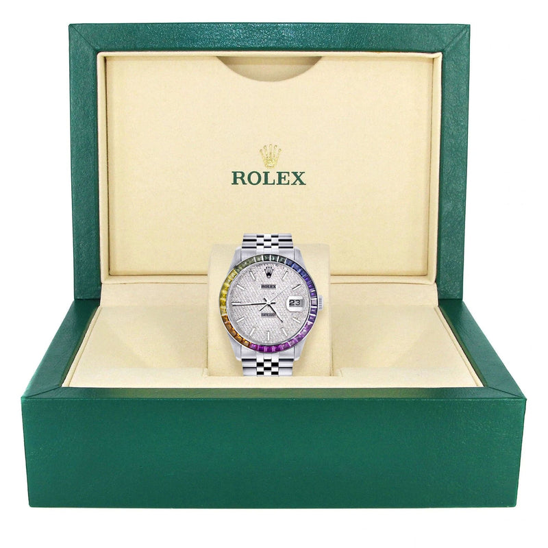 Diamond Gold Rolex Watch For Men 16200 | 36Mm | Rainbow Sapphire Bezel | Iced Out Diamond Dial | Jubilee Band