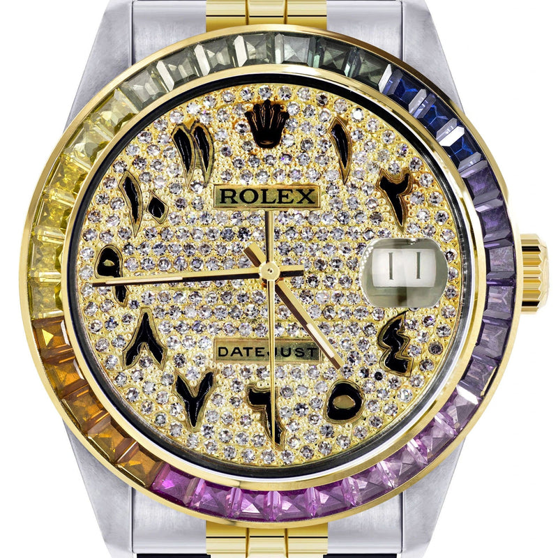 Diamond Gold Rolex Watch For Men 16233 | 36Mm | Rainbow Sapphire Bezel | Iced Out Black Arabic Numeral Dial | Jubilee Band