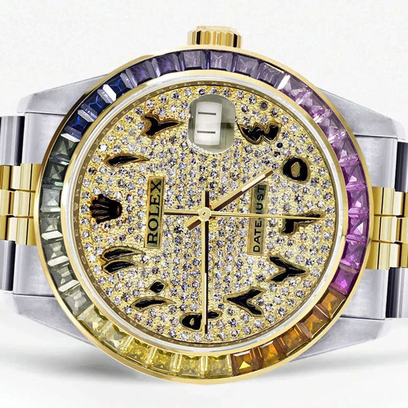 Diamond Gold Rolex Watch For Men 16233 | 36Mm | Rainbow Sapphire Bezel | Iced Out Black Arabic Numeral Dial | Jubilee Band