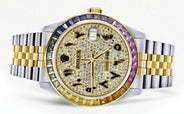 Diamond Gold Rolex Watch For Men 16233 | 36Mm | Rainbow Sapphire Bezel | Iced Out Black Arabic Numeral Dial | Jubilee Band