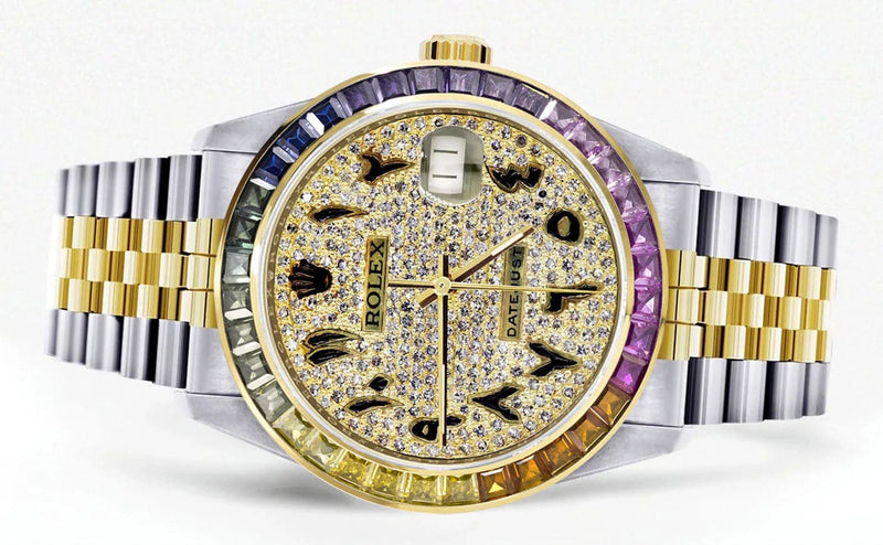 Diamond Gold Rolex Watch For Men 16233 | 36Mm | Rainbow Sapphire Bezel | Iced Out Black Arabic Numeral Dial | Jubilee Band