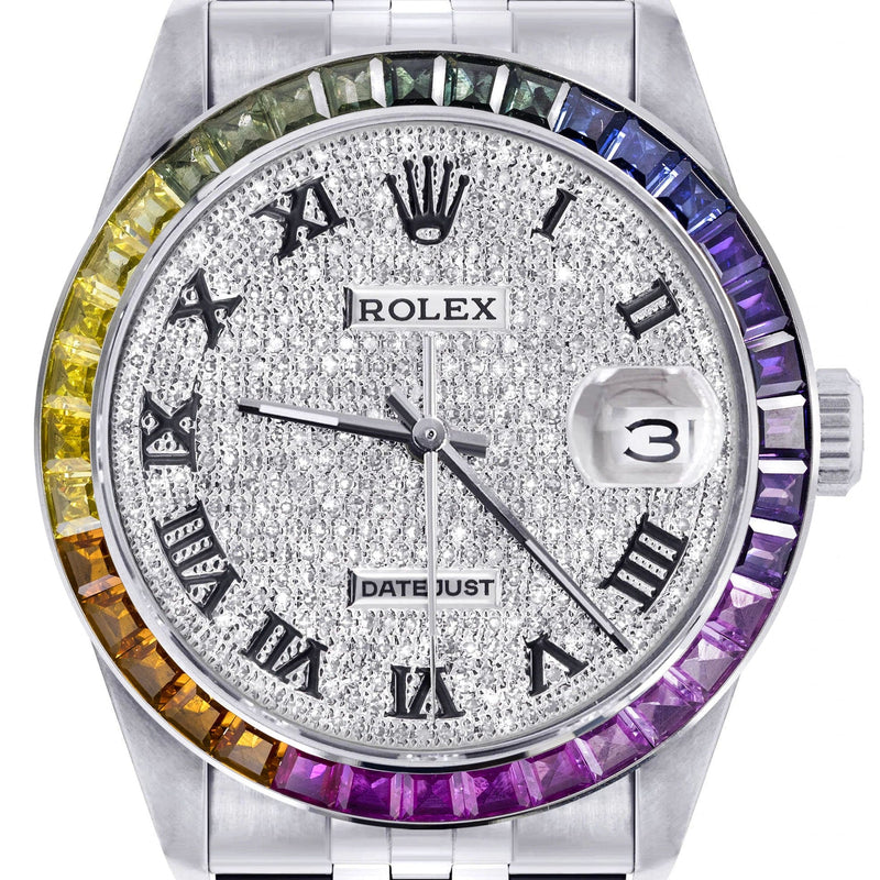 Diamond Gold Rolex Watch For Men 16200 | 36Mm | Rainbow Sapphire Bezel | Iced Out Roman Numeral Dial | Jubilee Band