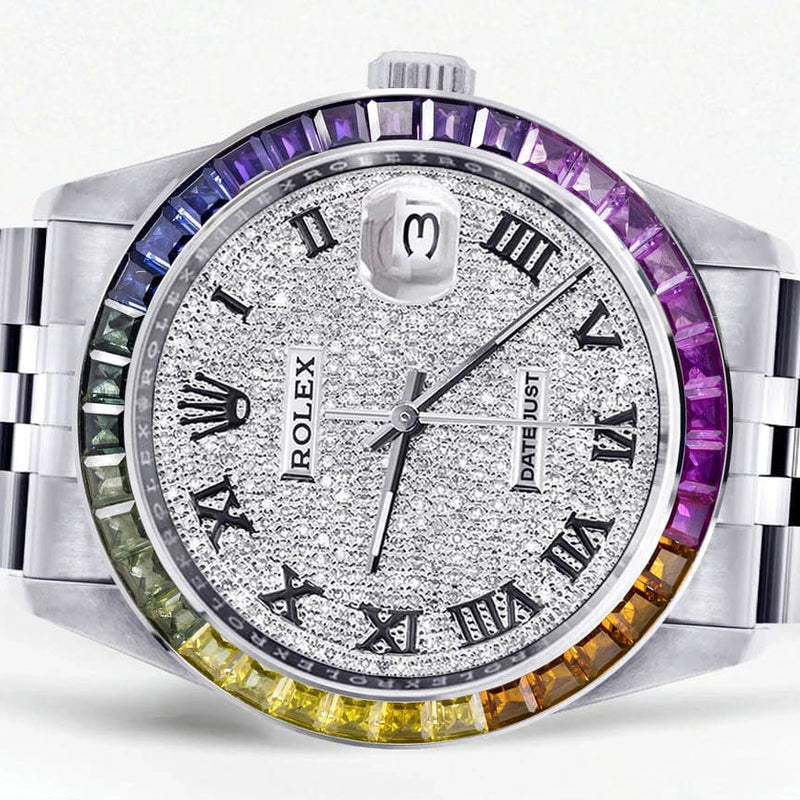 Diamond Gold Rolex Watch For Men 16200 | 36Mm | Rainbow Sapphire Bezel | Iced Out Roman Numeral Dial | Jubilee Band