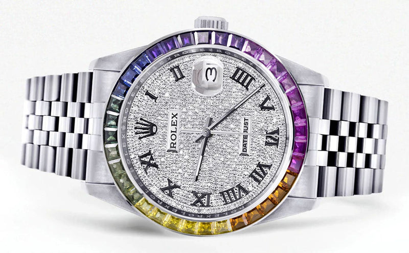 Diamond Gold Rolex Watch For Men 16200 | 36Mm | Rainbow Sapphire Bezel | Iced Out Roman Numeral Dial | Jubilee Band