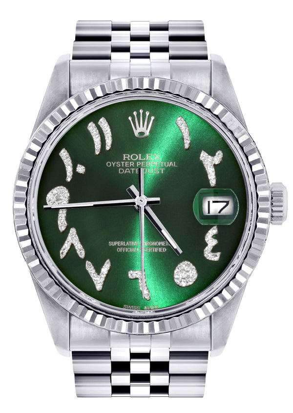 Mens Rolex Datejust Watch 16200 | Fluted Bezel | 36Mm | Green Arabic Dial | Jubilee Band