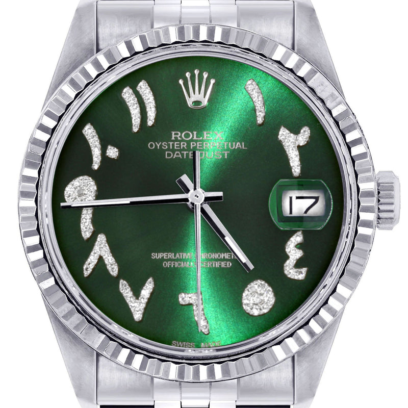 Womens Rolex Datejust Watch 16200 | Fluted Bezel | 36Mm | Green Arabic Dial | Fluted Bezel | Jubilee Band