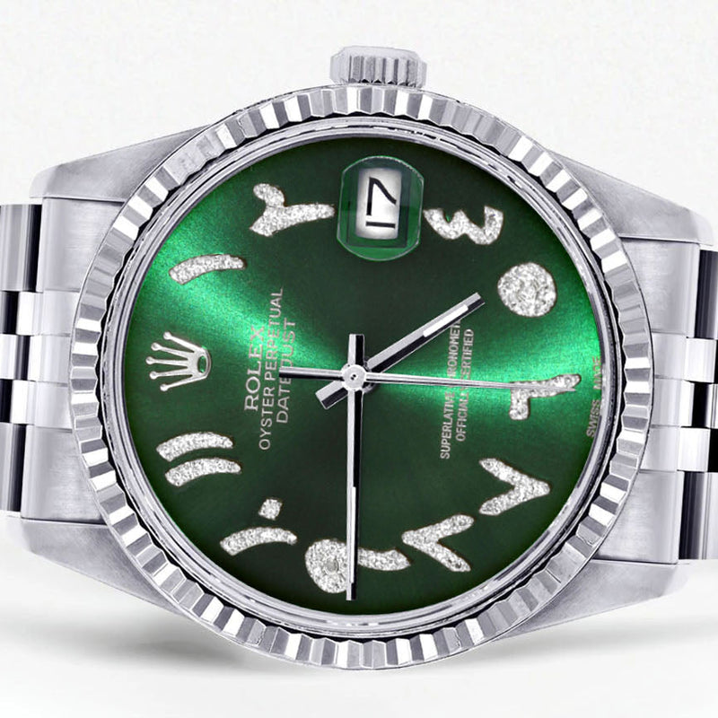 Womens Rolex Datejust Watch 16200 | Fluted Bezel | 36Mm | Green Arabic Dial | Fluted Bezel | Jubilee Band