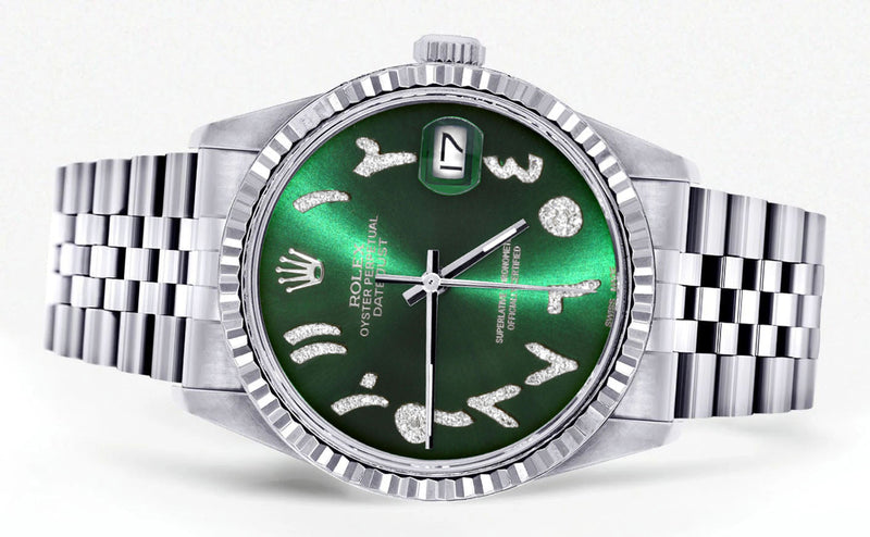 Womens Rolex Datejust Watch 16200 | Fluted Bezel | 36Mm | Green Arabic Dial | Fluted Bezel | Jubilee Band