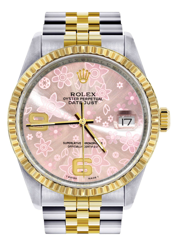 Mens Rolex Datejust Watch 16233 Two Tone | 36Mm | Pink Flower Dial | Jubilee Band