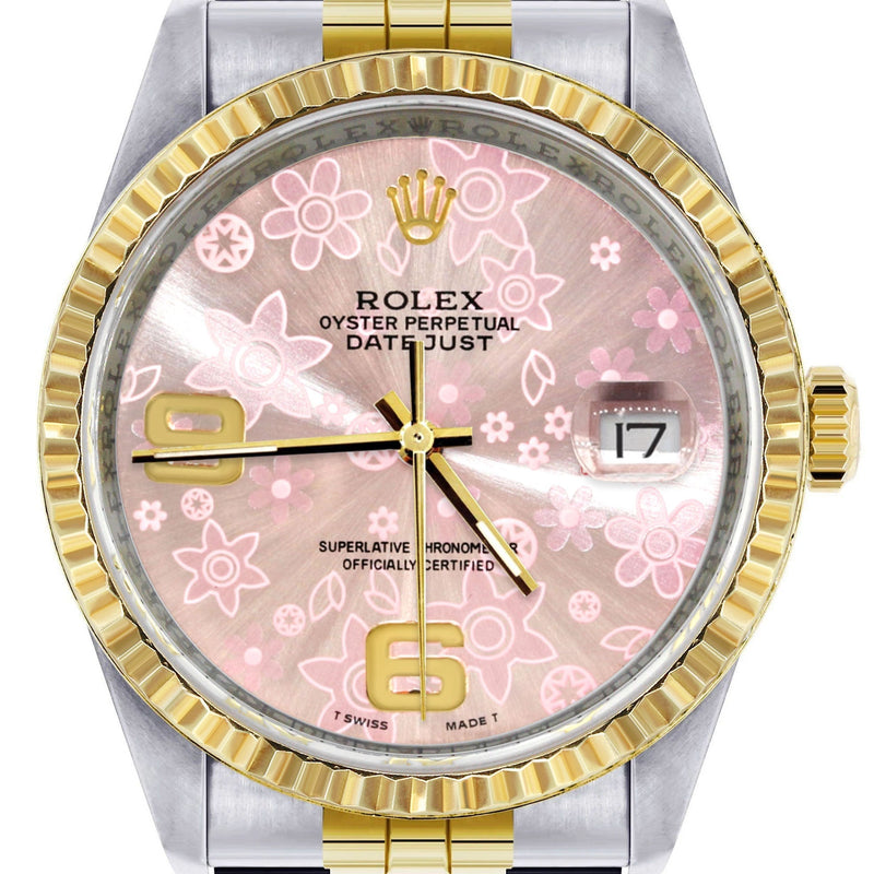 Womens Rolex Datejust Watch 16233 Two Tone | 36Mm | Pink Flower Dial | Fluted Bezel | Jubilee Band