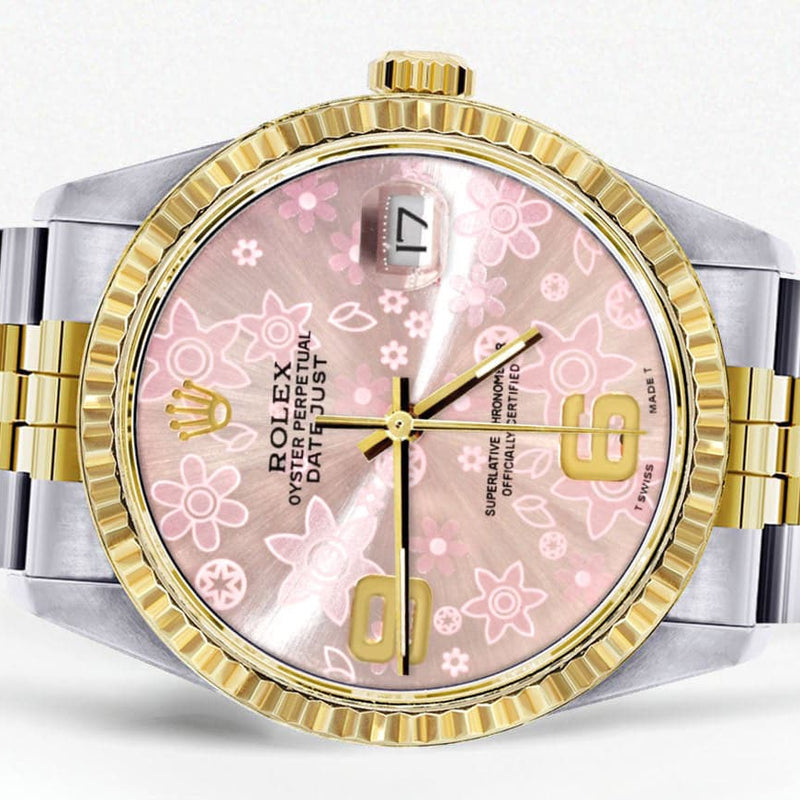 Mens Rolex Datejust Watch 16233 Two Tone | 36Mm | Pink Flower Dial | Jubilee Band