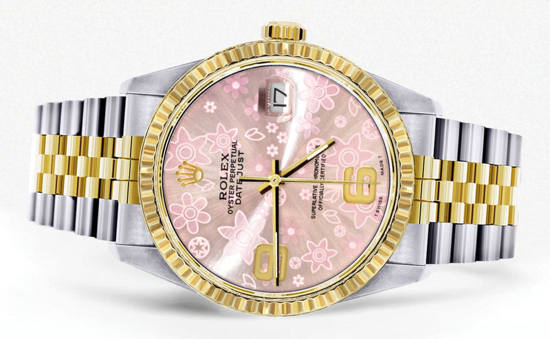 Mens Rolex Datejust Watch 16233 Two Tone | 36Mm | Pink Flower Dial | Jubilee Band