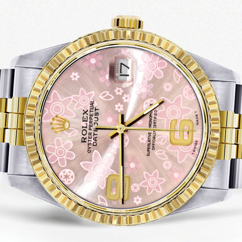 Womens Rolex Datejust Watch 16233 Two Tone | 36Mm | Pink Flower Dial | Fluted Bezel | Jubilee Band