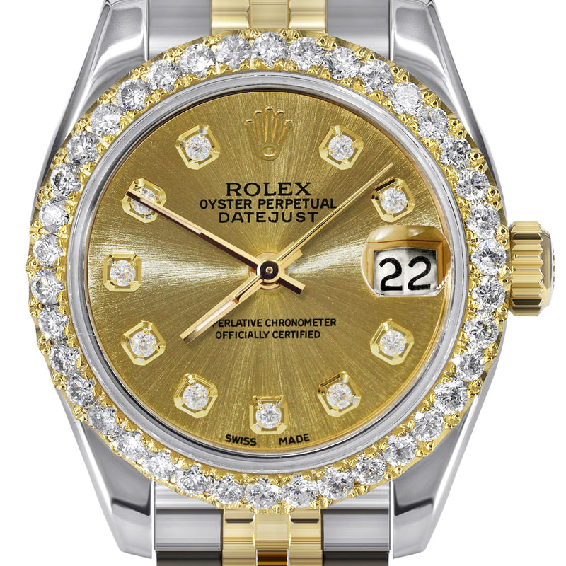 Womens Diamond Gold Hidden Clasp Rolex Watch | 1 Carat Bezel | 26Mm | Gold Metallic Dial | Jubilee Band | Model 179173