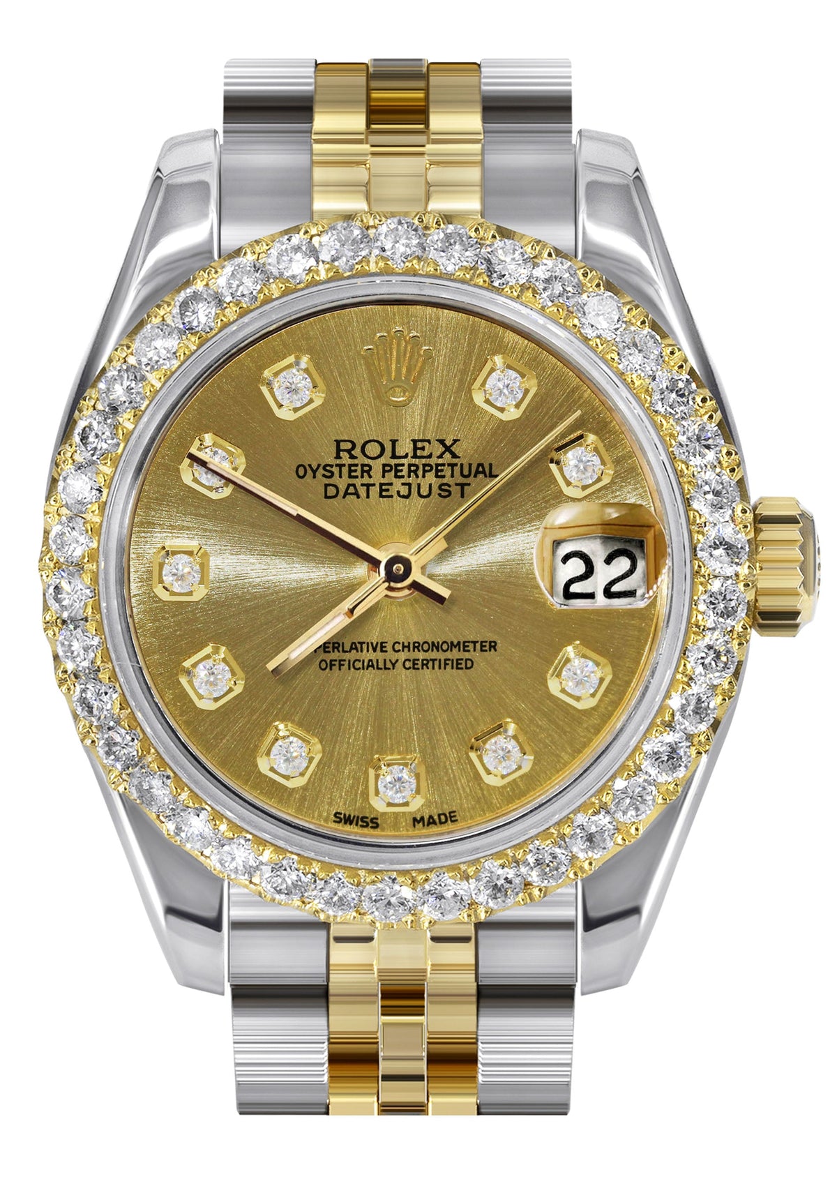Womens Diamond Gold Hidden Clasp Rolex Watch | 1 Carat Bezel | 26Mm | Gold Metallic Dial | Jubilee Band | Model 179173