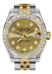 Womens Diamond Gold Hidden Clasp Rolex Watch | 1 Carat Bezel | 26Mm | Gold Metallic Dial | Jubilee Band | Model 179173