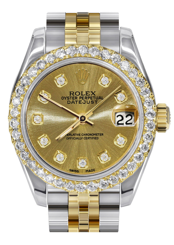 Womens Diamond Gold Hidden Clasp Rolex Watch | 1 Carat Bezel | 26Mm | Gold Metallic Dial | Jubilee Band | Model 179173