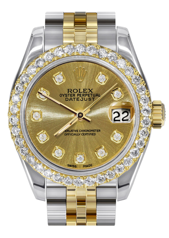 Womens Diamond Gold Hidden Clasp Rolex Watch | 1 Carat Bezel | 26Mm | Gold Metallic Dial | Jubilee Band | Model 179173