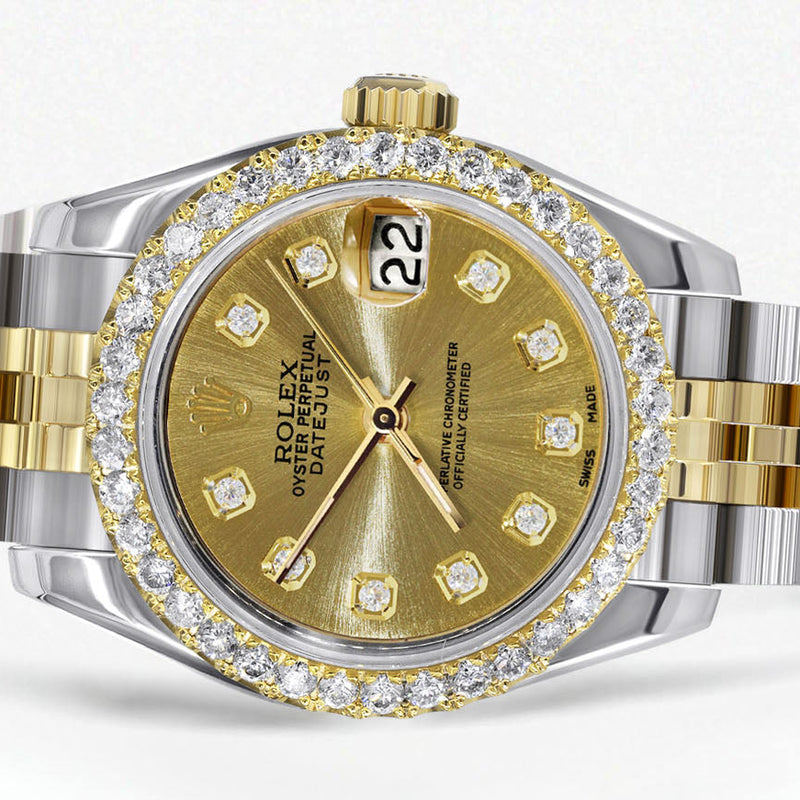 Womens Diamond Gold Hidden Clasp Rolex Watch | 1 Carat Bezel | 26Mm | Gold Metallic Dial | Jubilee Band | Model 179173