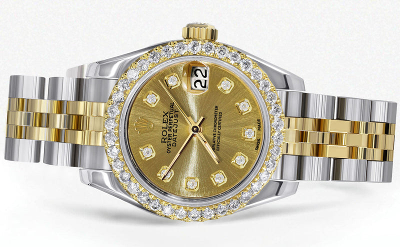 Womens Diamond Gold Hidden Clasp Rolex Watch | 1 Carat Bezel | 26Mm | Gold Metallic Dial | Jubilee Band | Model 179173