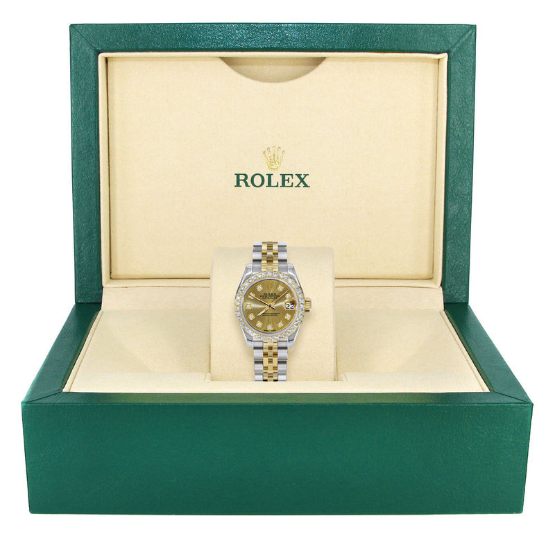 Womens Diamond Gold Hidden Clasp Rolex Watch | 1 Carat Bezel | 26Mm | Gold Metallic Dial | Jubilee Band | Model 179173