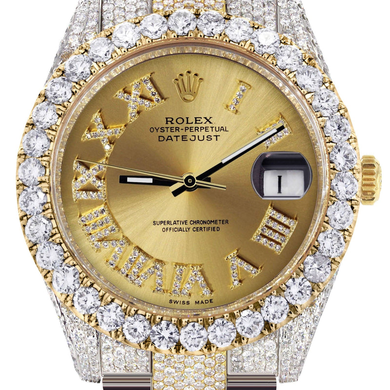Diamond Iced Out Rolex Datejust 41 | 25 Carats Of Diamonds | Custom Gold Roman Numeral Diamond Dial | Two Tone | Oyster Band