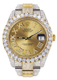 Diamond Iced Out Rolex Datejust 41 | 25 Carats Of Diamonds | Custom Gold Roman Numeral Diamond Dial | Two Tone | Oyster Band