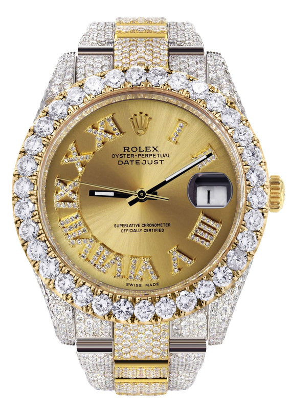 Diamond Iced Out Rolex Datejust 41 | 25 Carats Of Diamonds | Custom Gold Roman Numeral Diamond Dial | Two Tone | Oyster Band