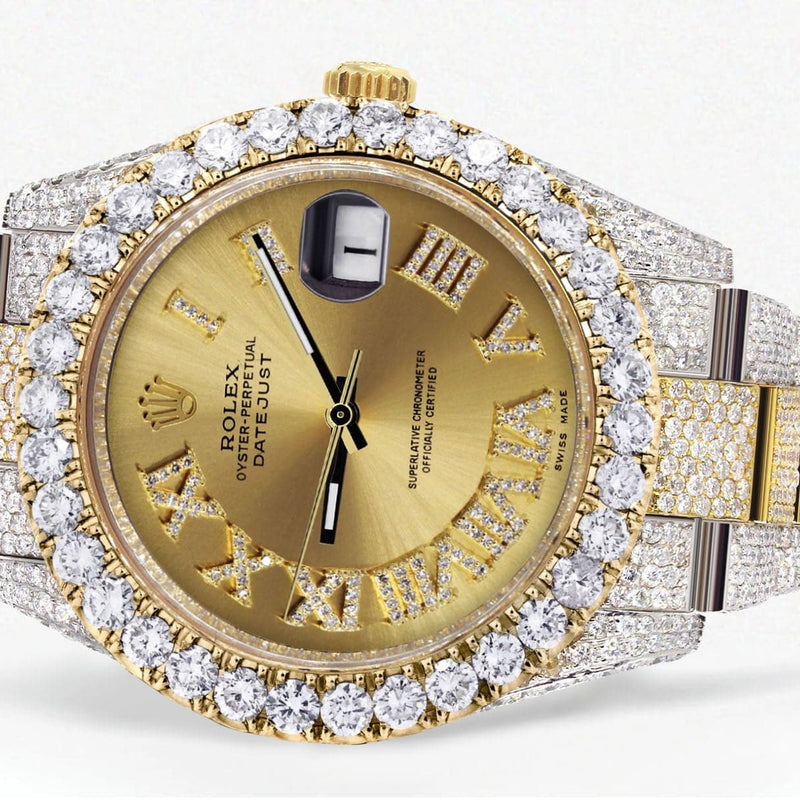 Diamond Iced Out Rolex Datejust 41 | 25 Carats Of Diamonds | Custom Gold Roman Numeral Diamond Dial | Two Tone | Oyster Band