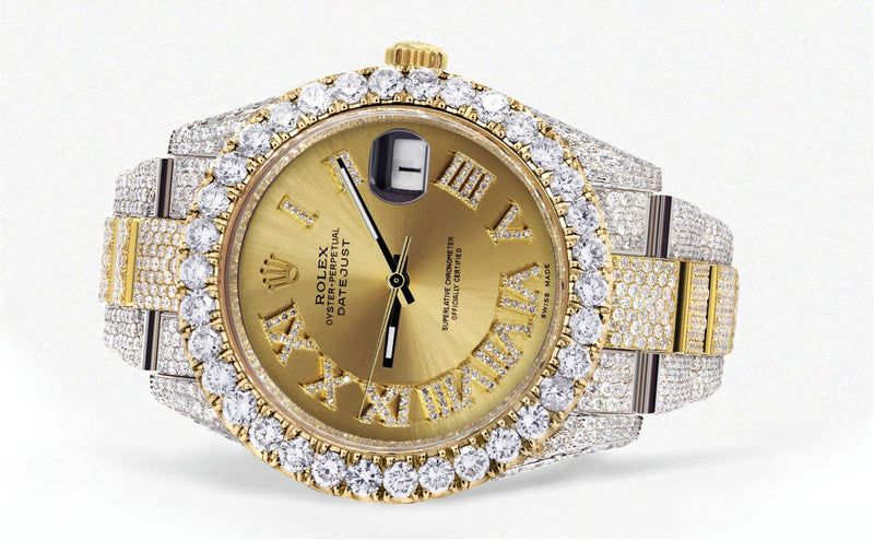 Diamond Iced Out Rolex Datejust 41 | 25 Carats Of Diamonds | Custom Gold Roman Numeral Diamond Dial | Two Tone | Oyster Band