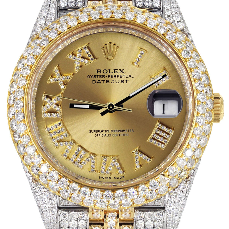 Womens Diamond Iced Out Rolex Datejust 41 | 25 Carats Of Diamonds | Custom Gold Roman Numeral Diamond Dial | Two Tone | Two Row | Jubilee Band