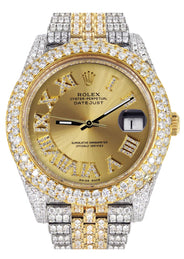 Womens Diamond Iced Out Rolex Datejust 41 | 25 Carats Of Diamonds | Custom Gold Roman Numeral Diamond Dial | Two Tone | Two Row | Jubilee Band