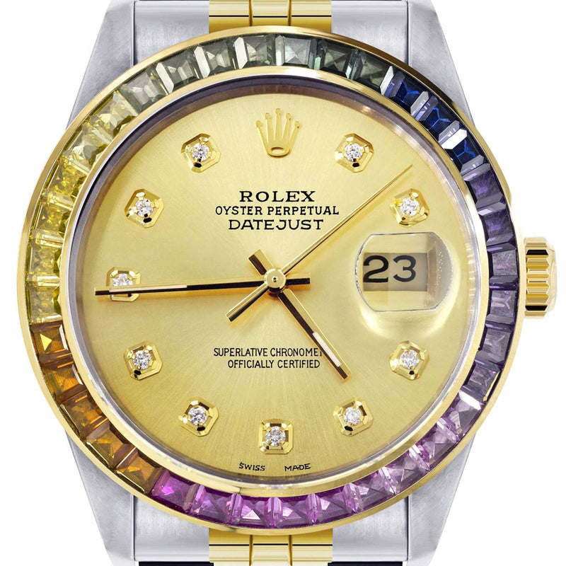 Diamond Gold Rolex Watch For Men 16233 | 36Mm | Rainbow Sapphire Bezel | Gold Dial | Jubilee Band