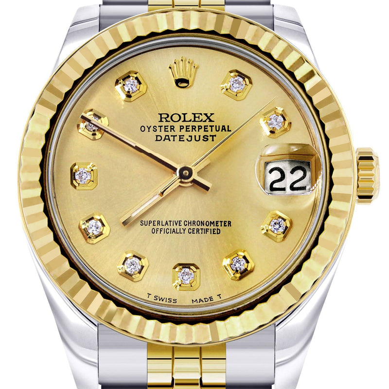 Diamond Gold Rolex Watch | 68273 | Fluted Bezel | 31MM | Gold Diamond Dial | Jubilee Band