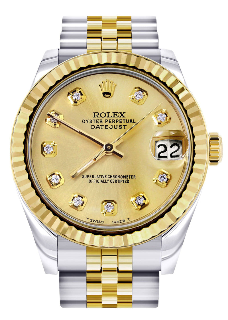 Diamond Gold Rolex Watch | 68273 | Fluted Bezel | 31MM | Gold Diamond Dial | Jubilee Band