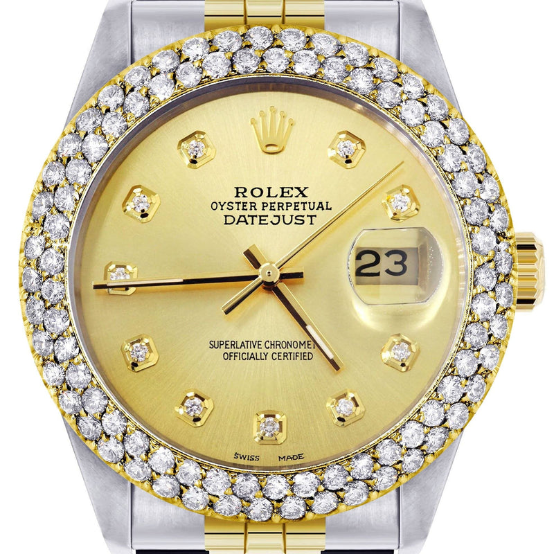 Diamond Gold Rolex Watch For Women 16233 | 36Mm | Custom Gold Dial | Two Row 4.25 Carat Bezel | Jubilee Band