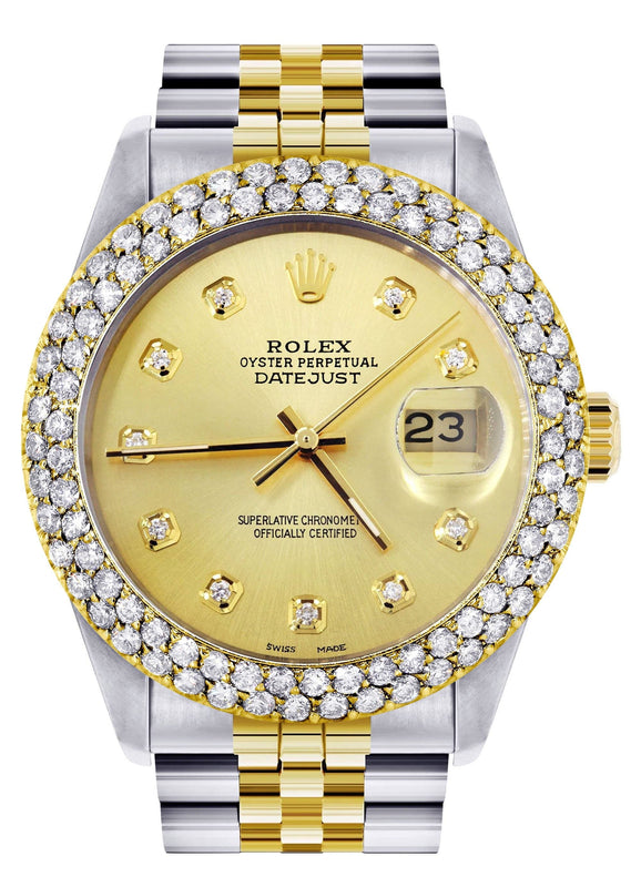 Diamond Gold Rolex Watch For Women 16233 | 36Mm | Custom Gold Dial | Two Row 4.25 Carat Bezel | Jubilee Band
