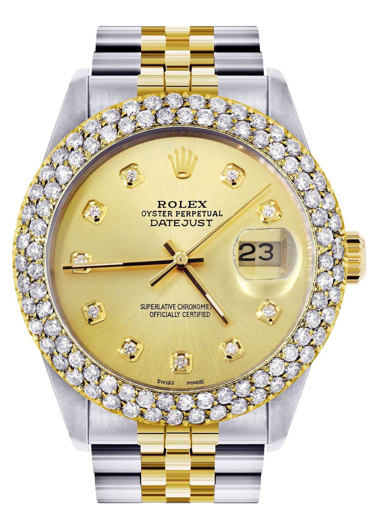 Diamond Gold Rolex Watch For Men 16233 | 36Mm | Custom Gold Dial | Two Row 4.25 Carat Bezel | Jubilee Band