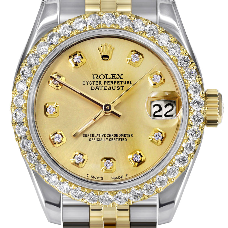 Womens Diamond Gold Hidden Clasp Rolex Watch | 1 Carat Bezel | 26Mm | Gold Dial | Jubilee Band | Model 179173