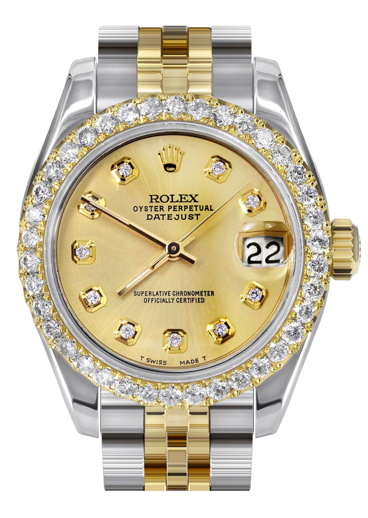 Womens Diamond Gold Hidden Clasp Rolex Watch | 1 Carat Bezel | 26Mm | Gold Dial | Jubilee Band | Model 179173