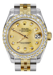 Womens Diamond Gold Hidden Clasp Rolex Watch | 1 Carat Bezel | 26Mm | Gold Dial | Jubilee Band | Model 179173