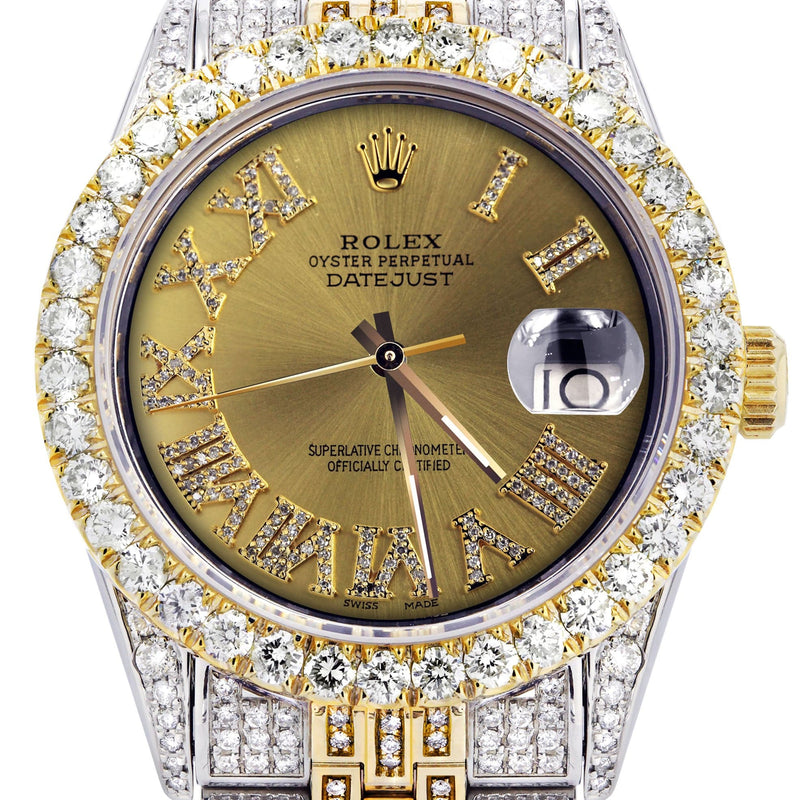 Iced Out Rolex Datejust 36 MM | Two Tone | 10 Carats of Diamonds | Gold Roman Diamond Dial