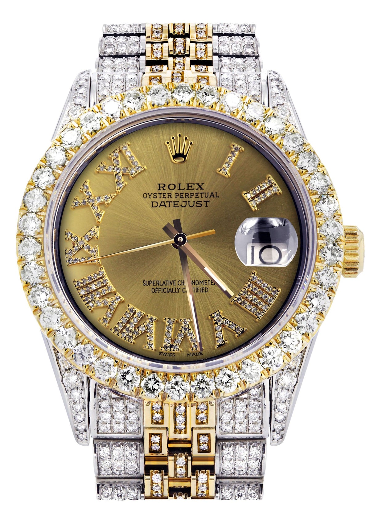 Iced Out Rolex Datejust 36 MM | Two Tone | 10 Carats of Diamonds | Gold Roman Diamond Dial