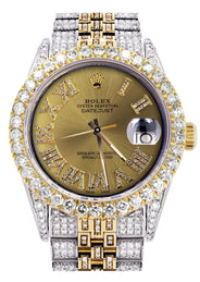 Iced Out Rolex Datejust 36 MM | Two Tone | 10 Carats of Diamonds | Gold Roman Diamond Dial