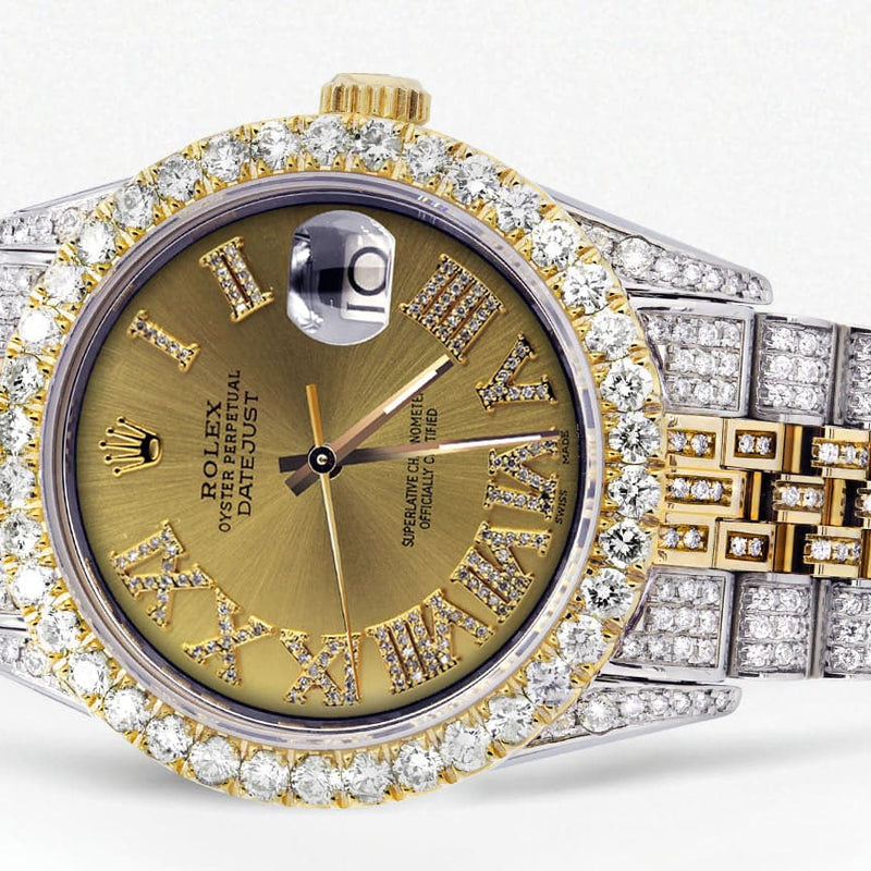 Iced Out Rolex Datejust 36 MM | Two Tone | 10 Carats of Diamonds | Gold Roman Diamond Dial